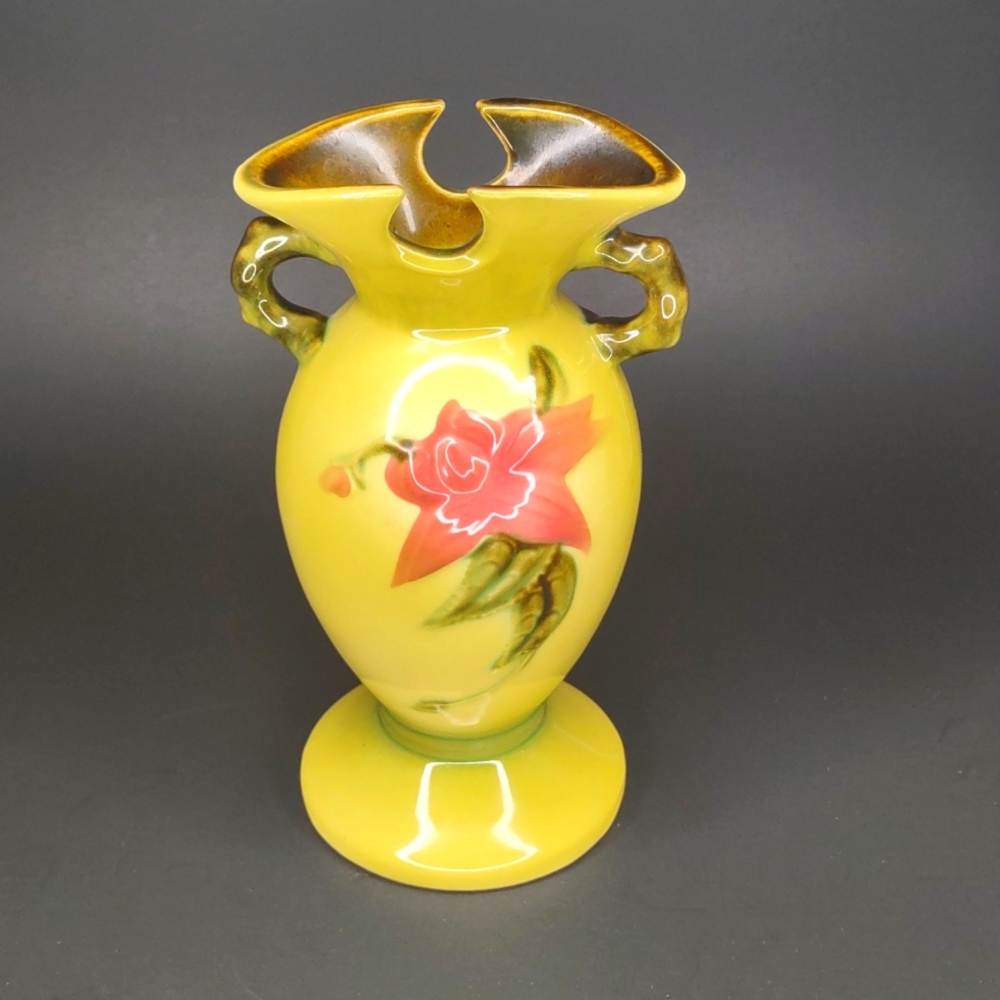 Vintage Hull Woodland yellow and green with mauve Flower and leaf vase.